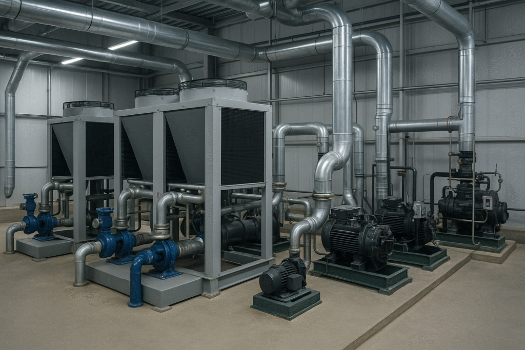Endüstriyel soğutma cihazları ile donatılmış bir tesisin genel görünümü