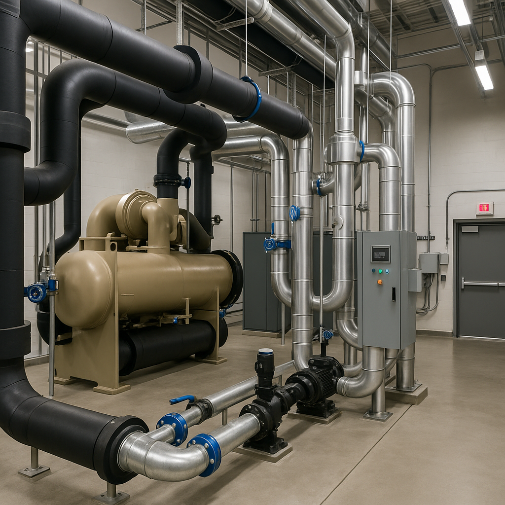 Endüstriyel soğutma ünitesi, borular ve teknik altyapı elemanları